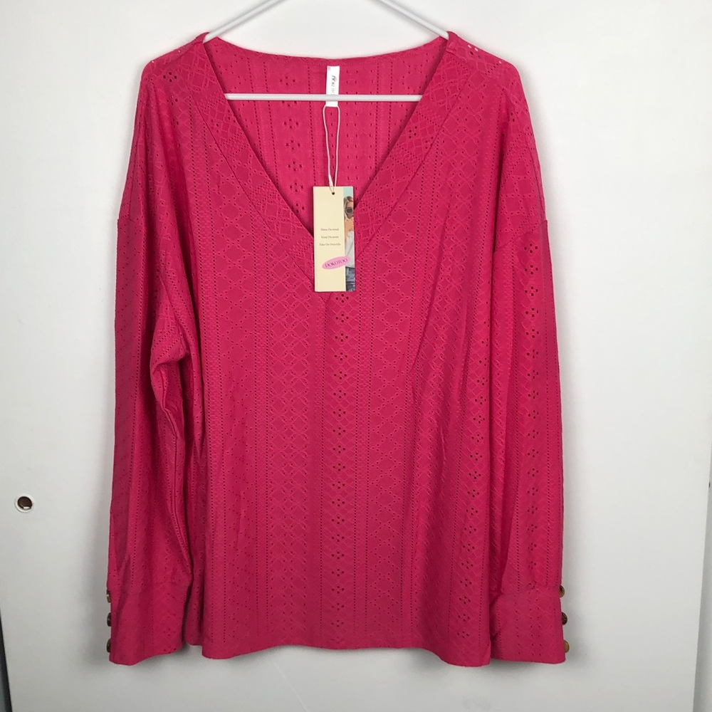 Dokotoo Women’s Pink V-Neck Eyelet Knit Top 2XL NWT